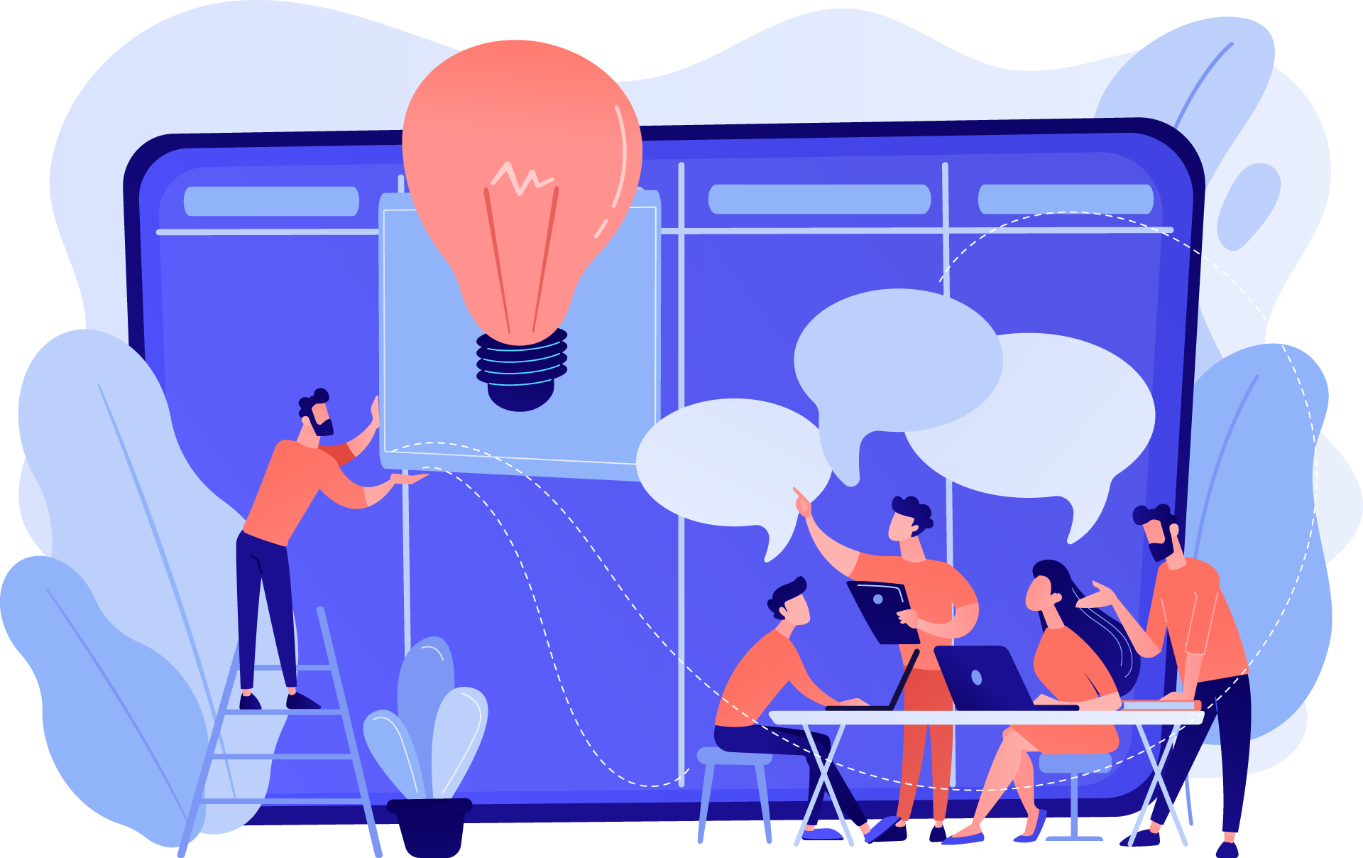 Illustration of a team collaborating around an idea board with a lightbulb